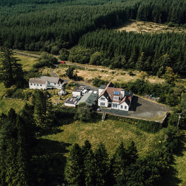 Drone shot of Tyr Abad Residential Centre in the village of Tirabad in Wales